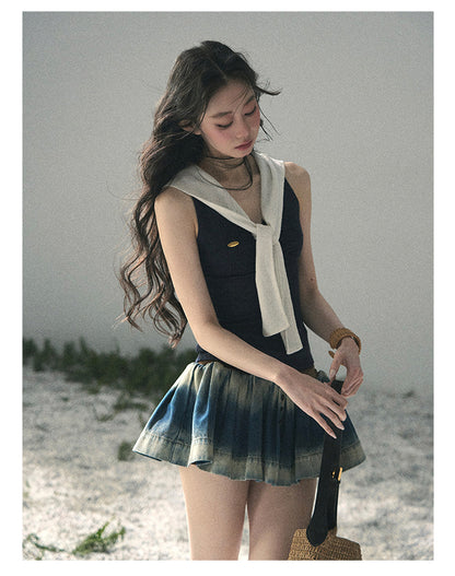 “Sea Breeze & Wheat Fields” Academy Blue Sailor Collar Top