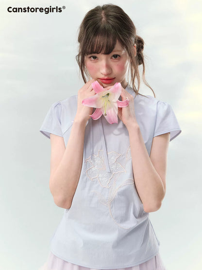 “Lilac Embroidered Whisper” Orchid Purple Mandarin Collar Blouse