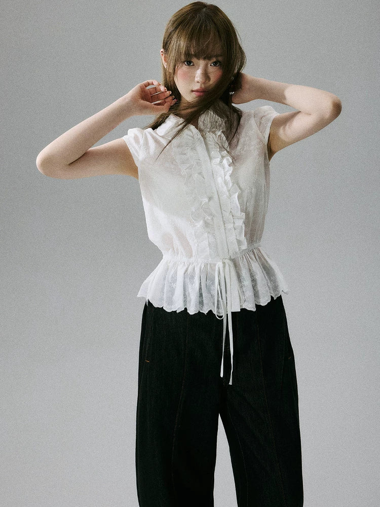 LOST FOREST - White Embroidered Ruffle Sleeve Cotton Blouse