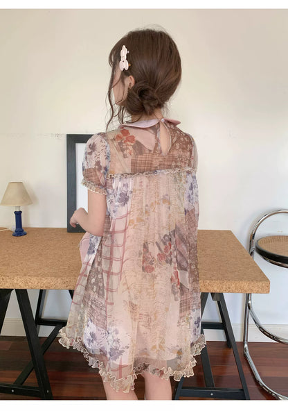 [RF] “Vintage Storybook” Light Brown Tea Patchwork Print Mini Dress