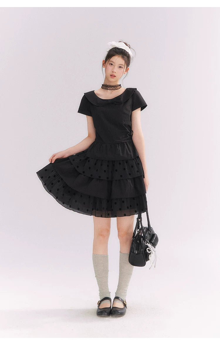 “Midnight Sweetheart” Black Korean-Style Bow Polka Dot Tiered Dress