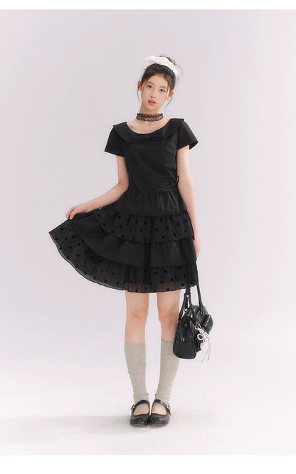 “Midnight Sweetheart” Black Korean-Style Bow Polka Dot Tiered Dress