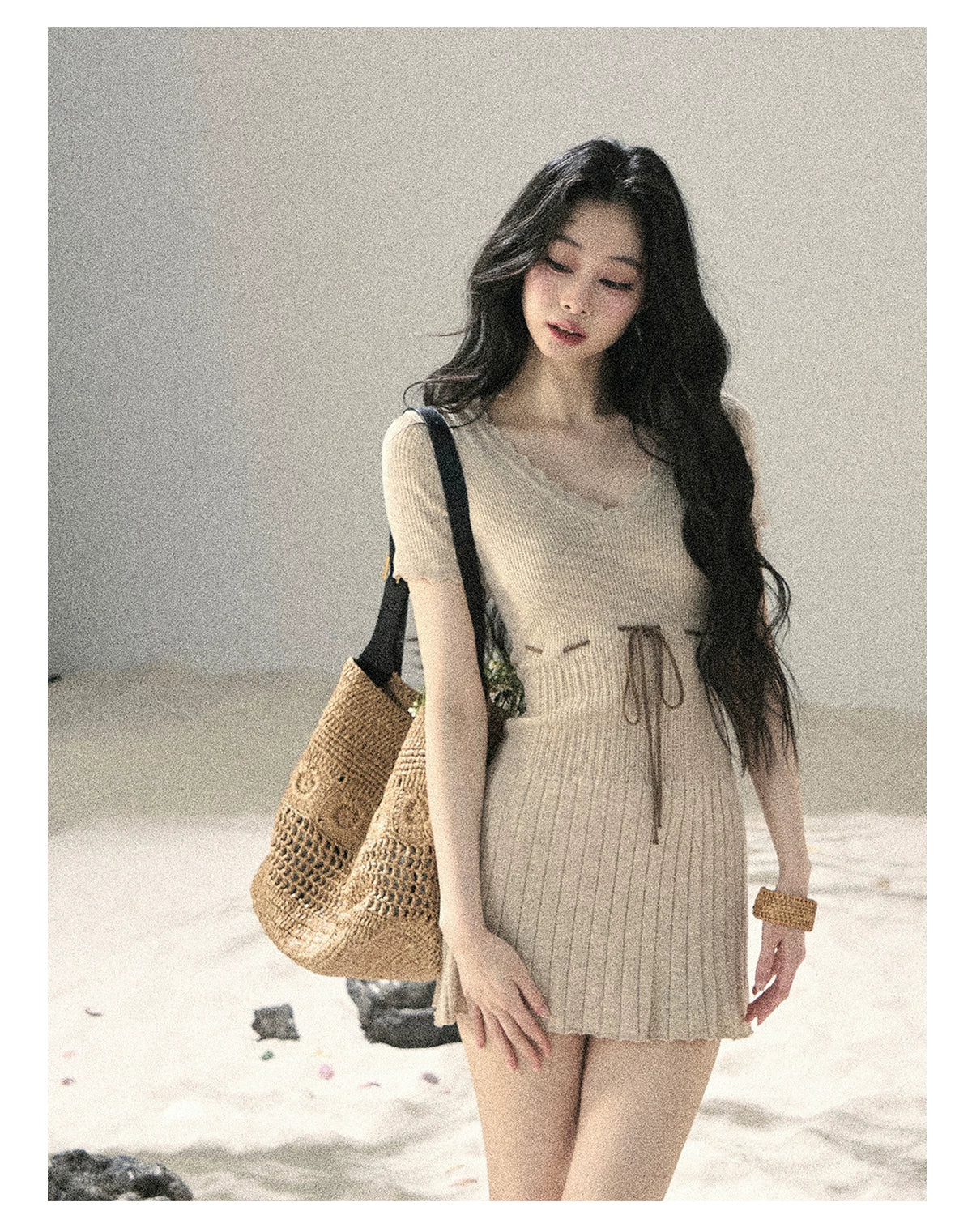 "Whispering Evening Breeze" Oatmeal Knit Lace Bodycon Mini Dress 4534854