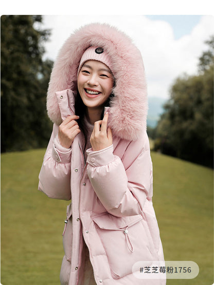 Urban Warm Fox-Fur Collar Mid-Length Down Jacket B40145212