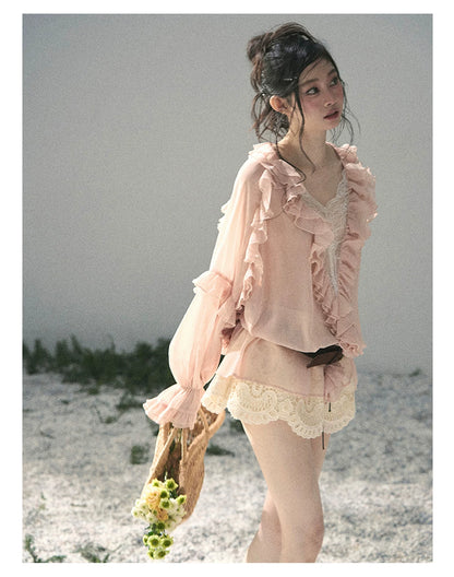 “Whispers of the Wind” Blush Pink Lace Chiffon Blouse (With Belt)