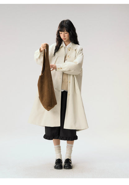 [CAN] “Oat Check Collar” Apricot Bow Cape Collar Trench Coat
