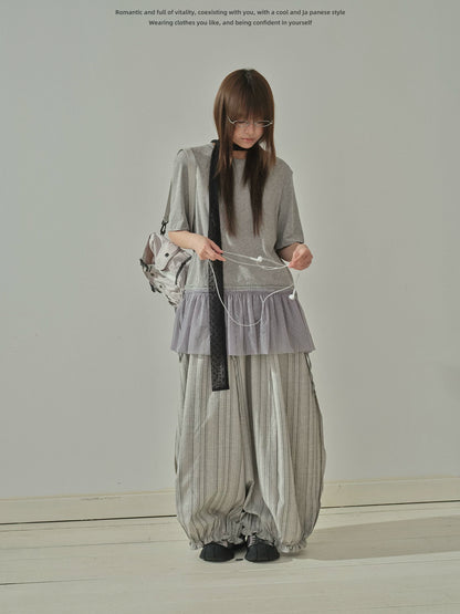 "Vintage Drift" Gray Striped Balloon Wide Leg Trousers
