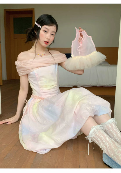 [RF] “Dreamlight Reverie” Pink Gradient Embroidered Off-Shoulder Maxi Dress