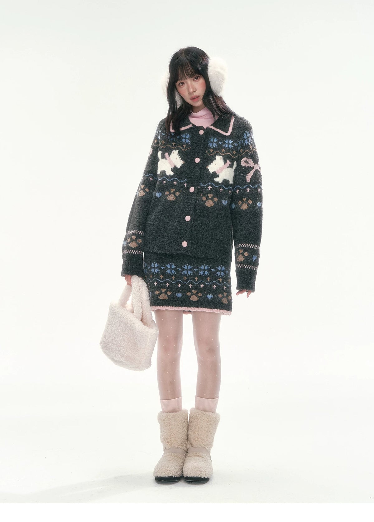 [CAN] Puppy Fair Isle Knit Sweater & Skirt Set (Gray / Pink)