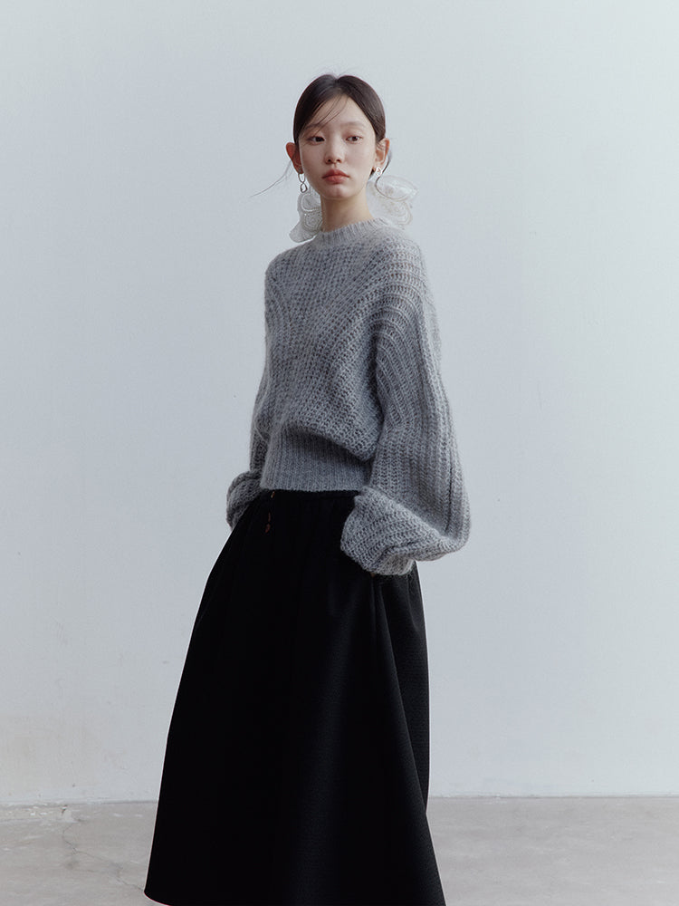 FUSSED Lazy Furry Mist Gray Wool & Baby Mohair Color-Block Sweater FOF-25SS133