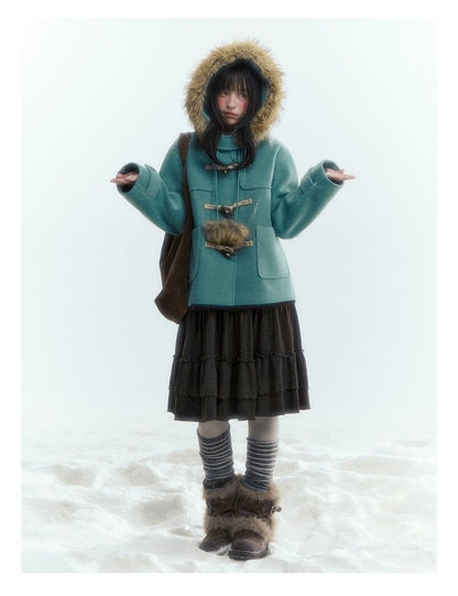 Horridale - Preppy Hooded Wool-Blend Duffle Coat with Pom-Pom Details – Blue Green