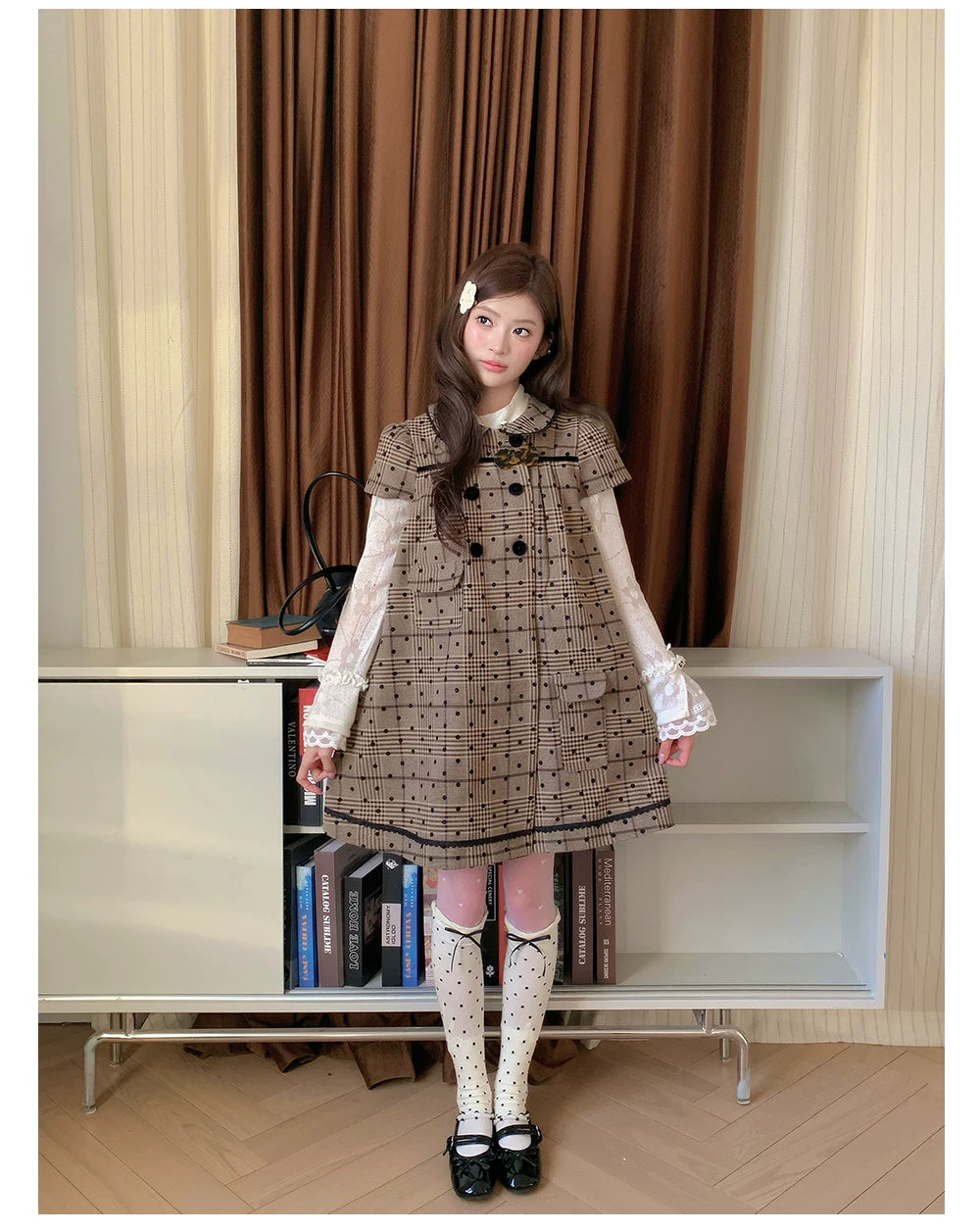 “Hazel Rococo Reverie” Khaki Plaid Polka Dot Dress