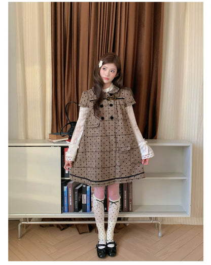 “Hazel Rococo Reverie” Khaki Plaid Polka Dot Dress