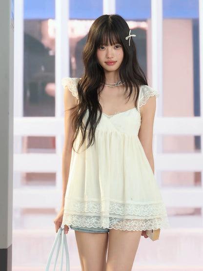 "Soft Departure" Apricot Lace V-Neck Babydoll Top