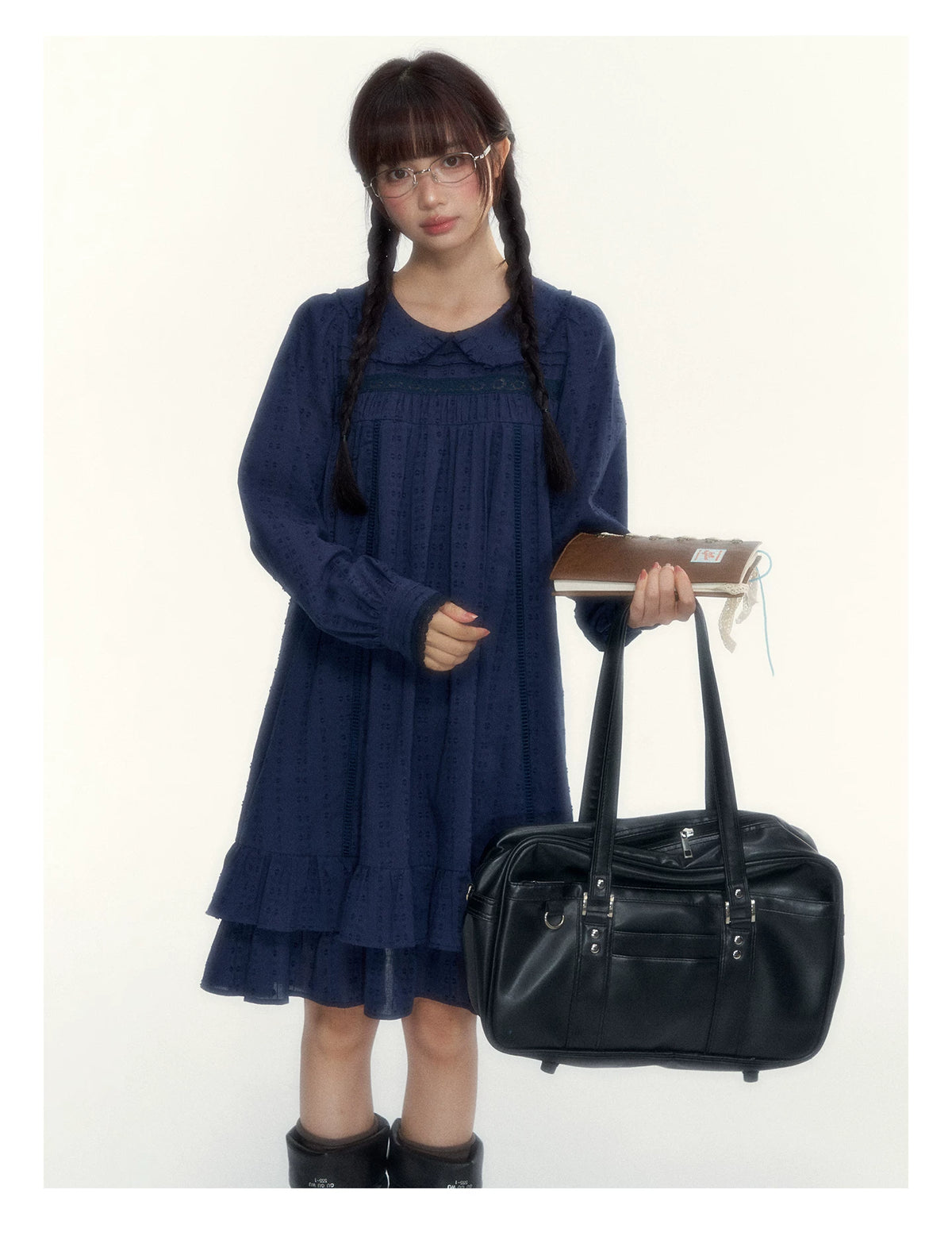 “Vintage Ribbon” Navy Peter Pan Collar Lace-Trimmed A-Line Dress