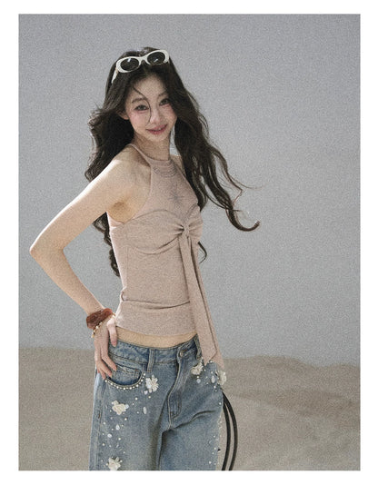 "Galaxy in Your Eyes" Milk Tea Halter Mesh Knit Top
