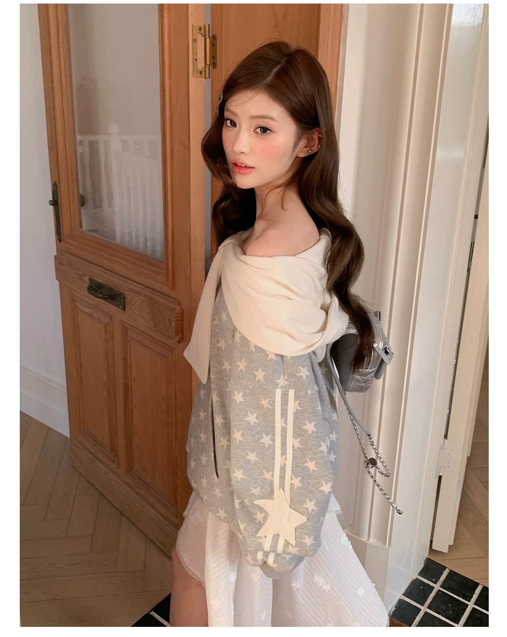“Starlit Ribbon Reverie” Grey Off-Shoulder Hoodie