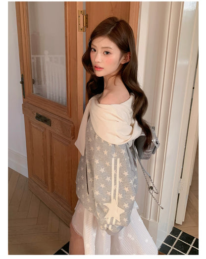 “Starlit Ribbon Reverie” Grey Off-Shoulder Hoodie