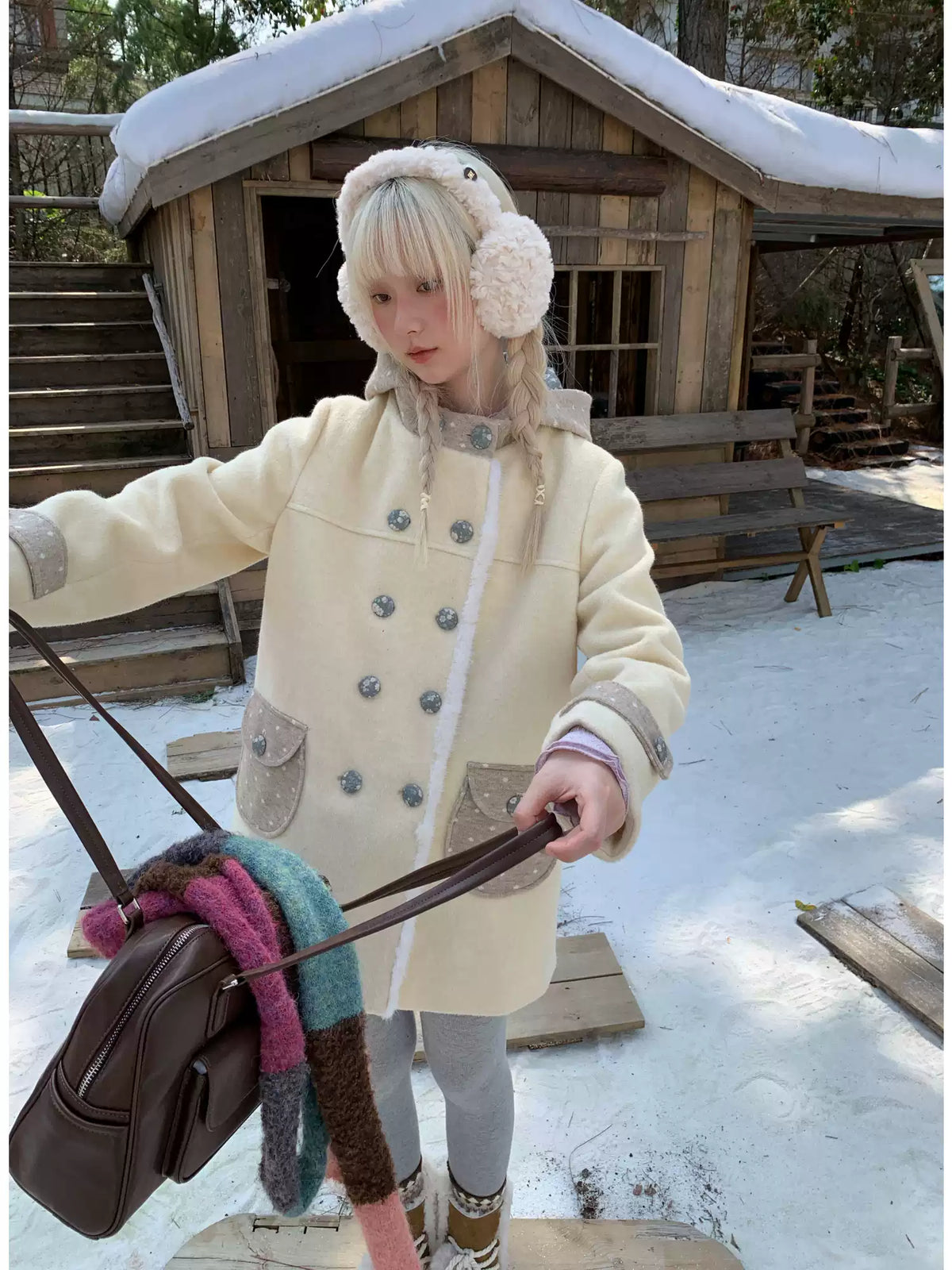 RF - Cream Yellow Hooded Wool-Blend Coat with Polka Dot Pockets