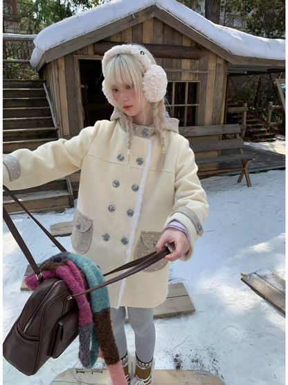 RF - Cream Yellow Hooded Wool-Blend Coat with Polka Dot Pockets