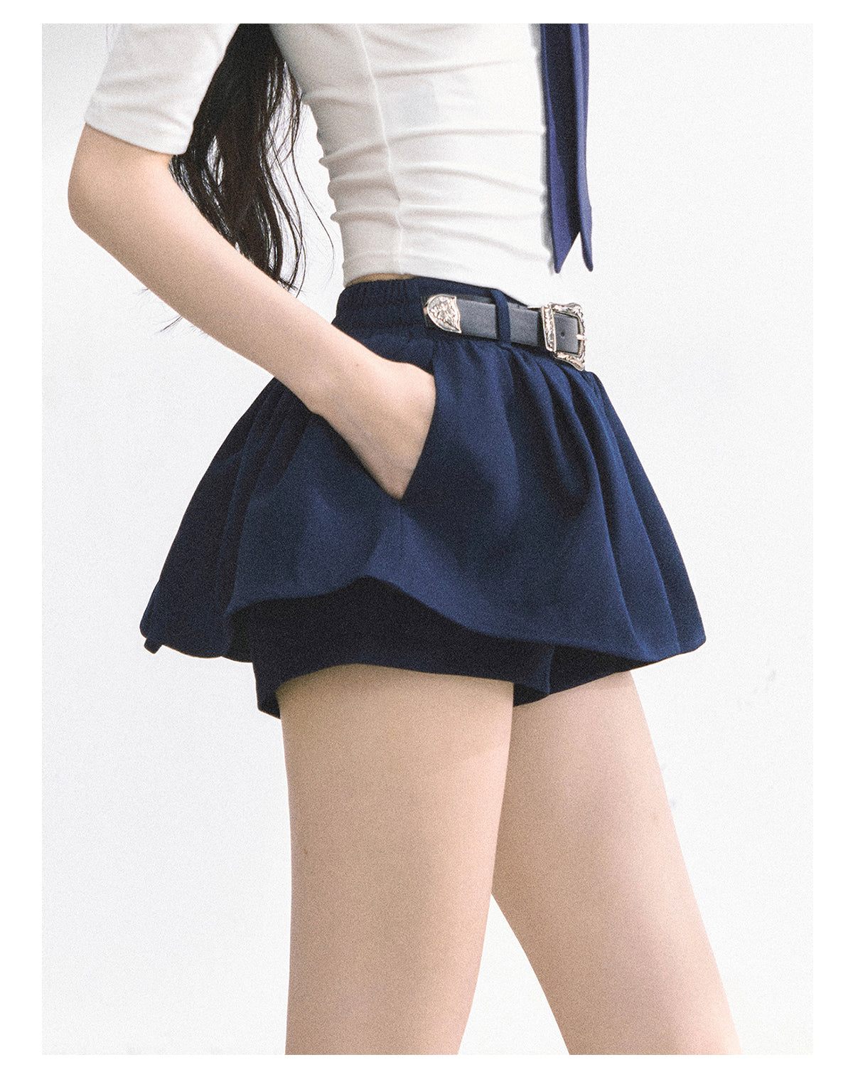 少也眼 "Annie Academy" A-Line Puff Mini Skirt - Navy Blue