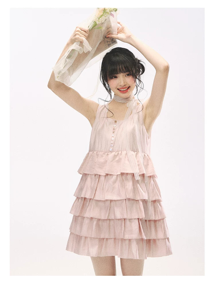 "Misty Pink Reverie" Petal Pink Lace Tie Tiered Sleeveless Dress