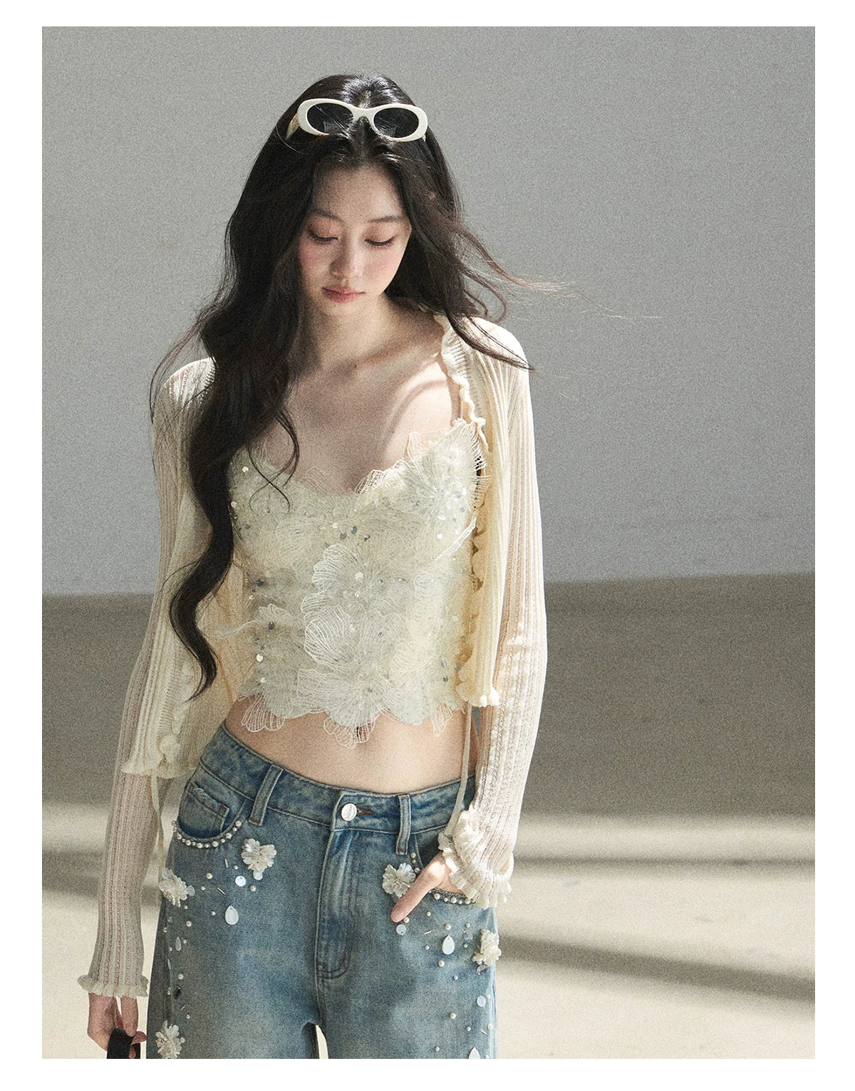 "Waiting for the Breeze" Apricot Lace Knit Cardigan & Cami Set