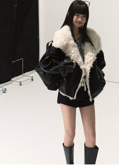 OAKMOO/ Cropped Faux Leather Shearling-Collar Jacket (Rich Black / Hazelnut Khaki)