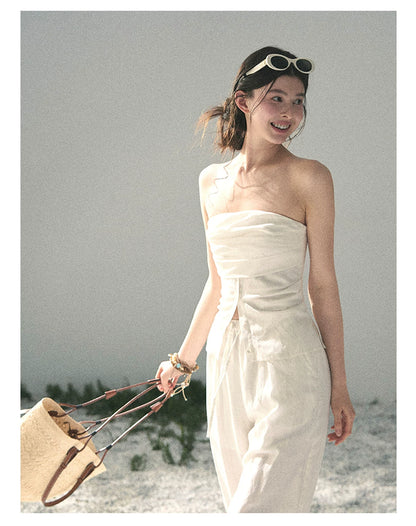“Breath Across the Shoulders” Natural Beige Layered Bustier Top & Wide-Leg Trousers