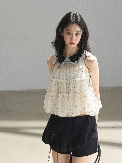 "A Dream Like Foam" French Polka Dot Chiffon Babydoll Blouse