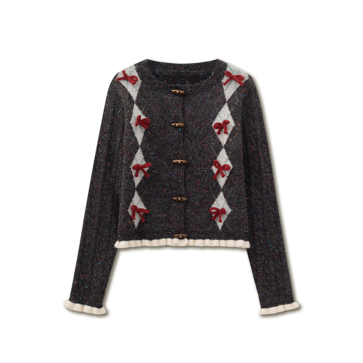 SunsetPark - Vintage Diamond Dark Gray Speckled Yarn Toggle Button Sweater