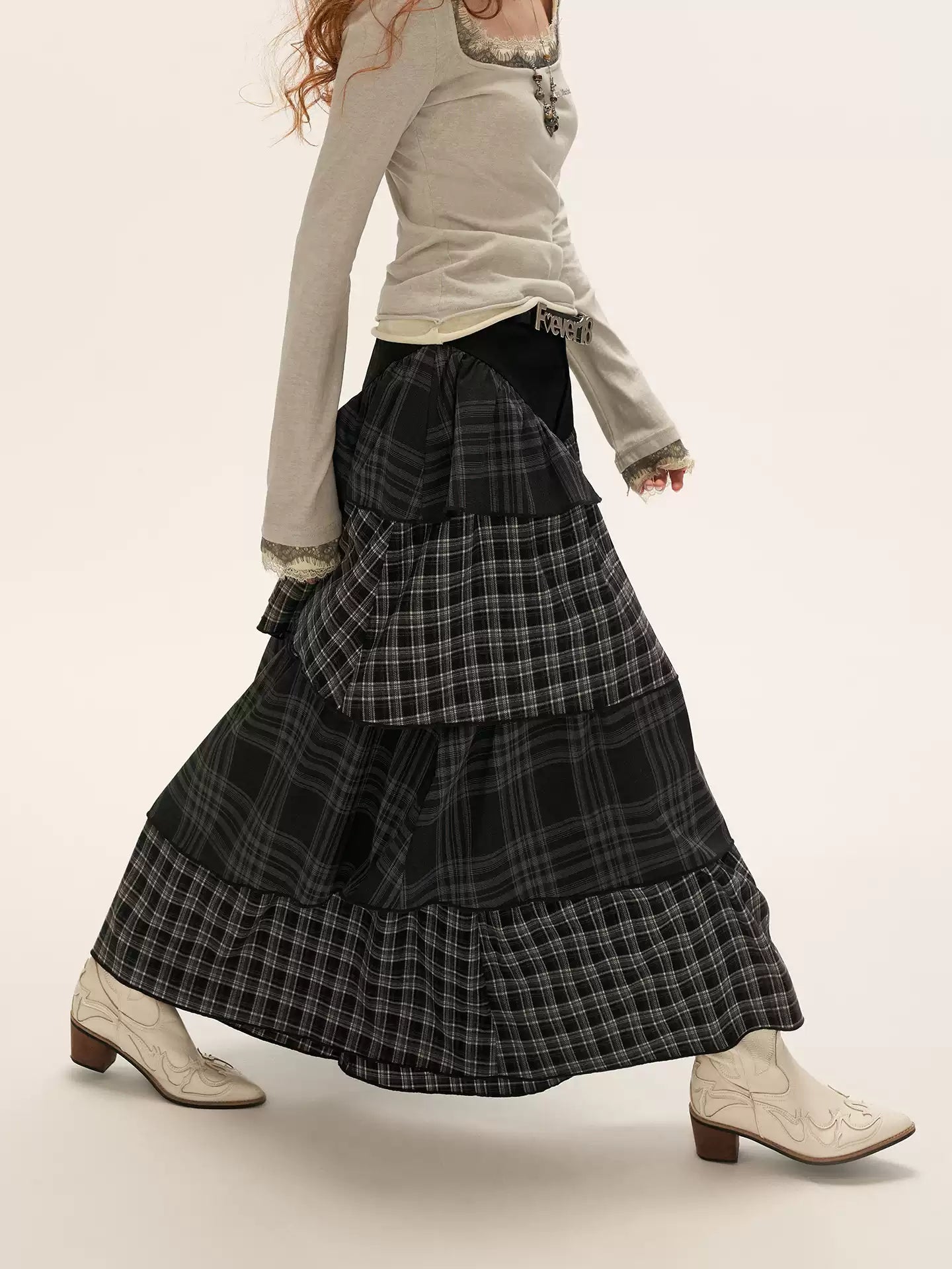 MAMC - Black Plaid Layered Midi Skirt with Denim Patchwork