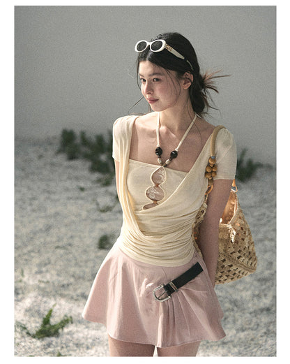 “Soft Veil Muse” Cream Apricot Layered Halter Lace Top