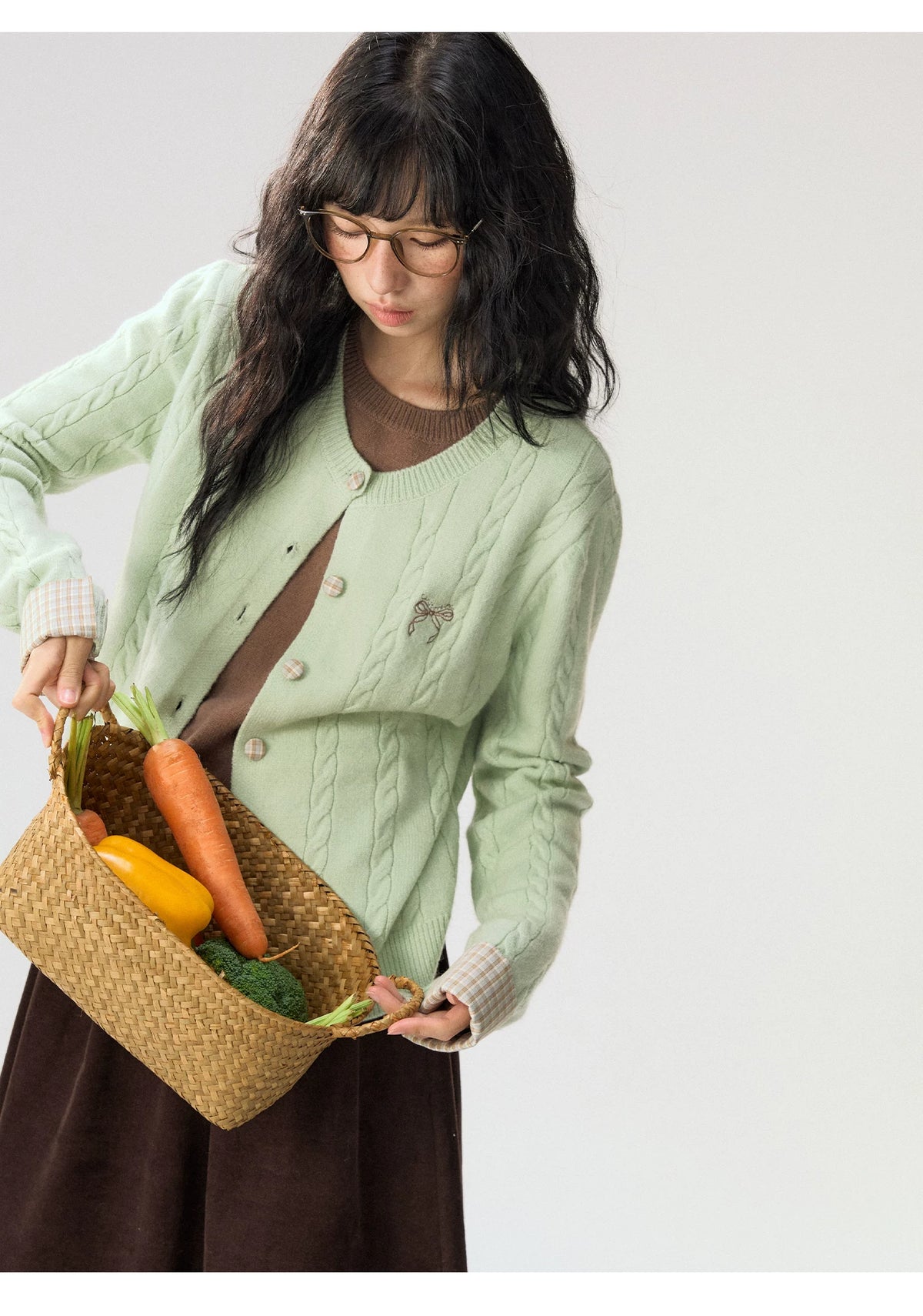 [CAN] "Autumn Letter" Bow Embroidered Faux-Layered Cable Knit Cardigan (Pink & White / Sage Green & Brown)