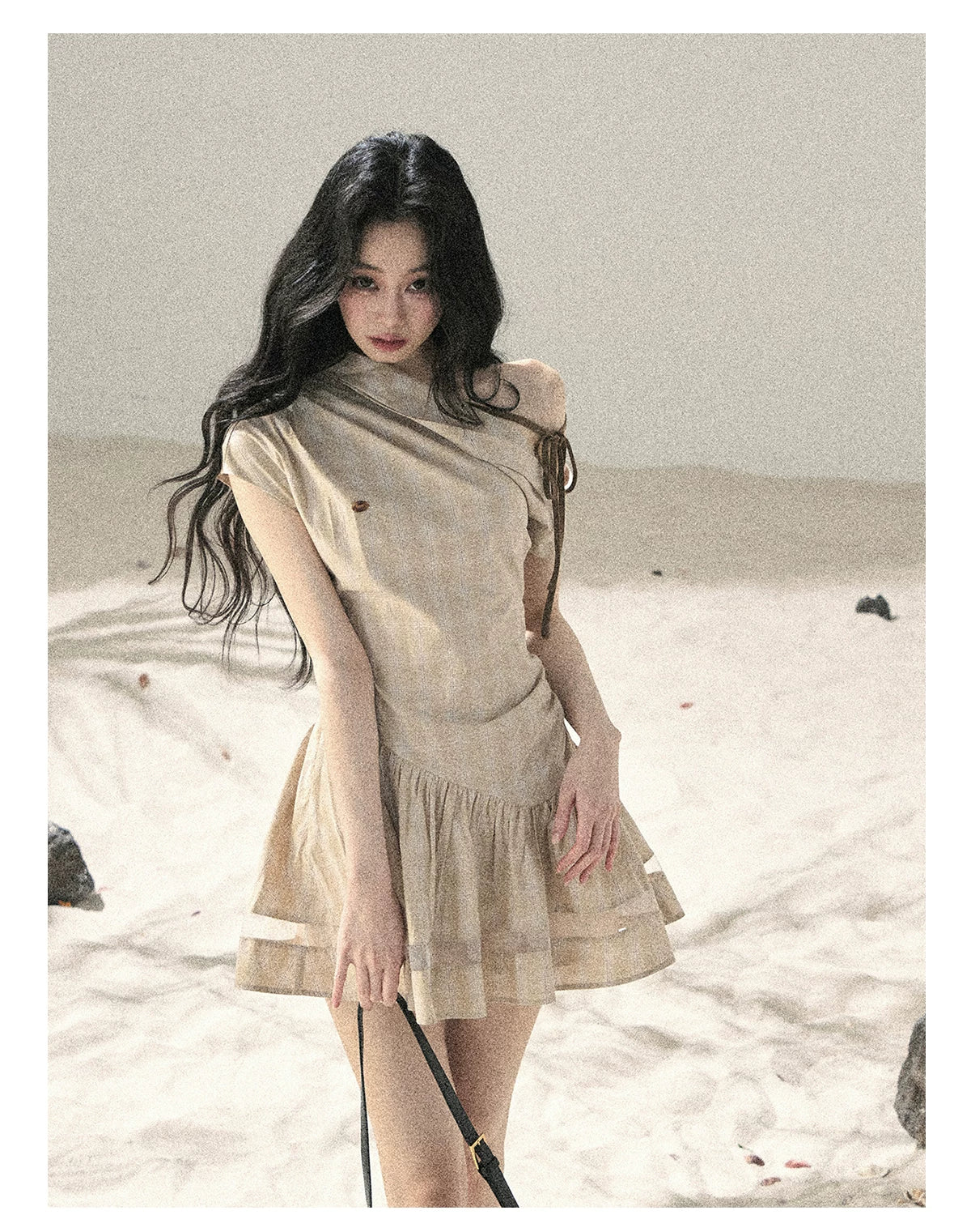 "Traces Left by the Wind" Sand Beige Off-Shoulder Plaid Puff Mini Dress