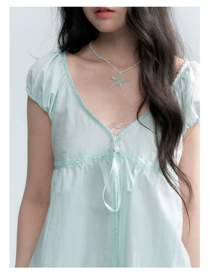 "Mint Morning Glow" Mint Green Lace Tie-Front Cardigan Blouse