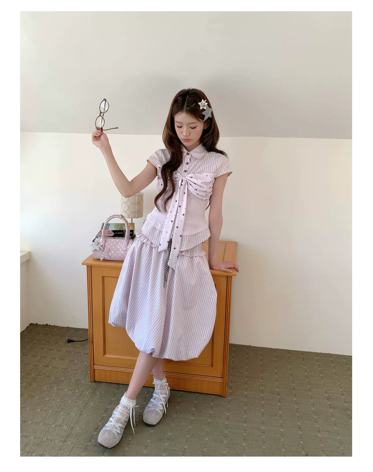 [RF] “Milk Taro Fizz” Soft Purple Striped Blouse & Bloom Skirt Set (Light Blue / Lavender)