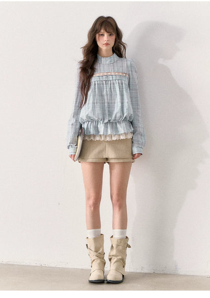 [TMMG] French Vintage Plaid Lace Ruffle Blouse (Blue Plaid)