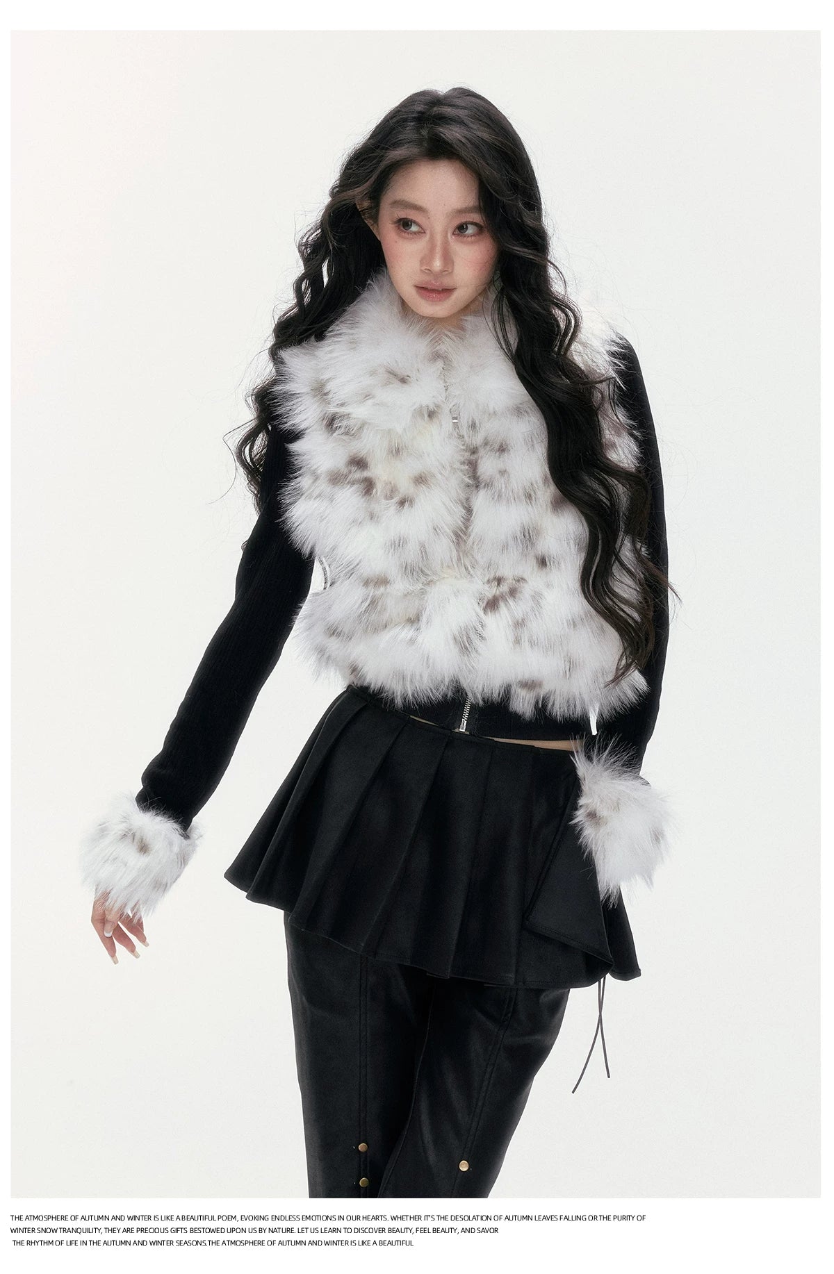 24olvides - Colorblock Faux Fur Jacket with Knit Sleeves