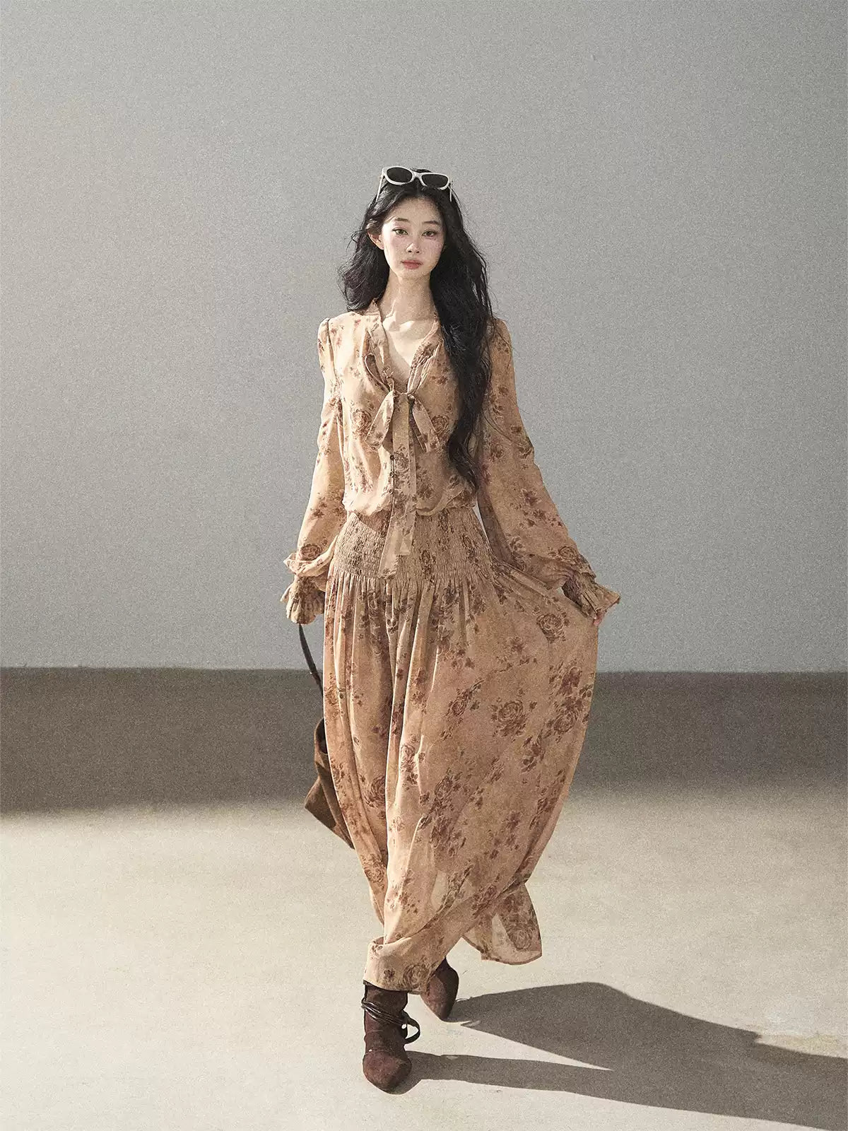 AOMALM - Oatmeal Rose-Print Chiffon Layered Maxi Dress Set