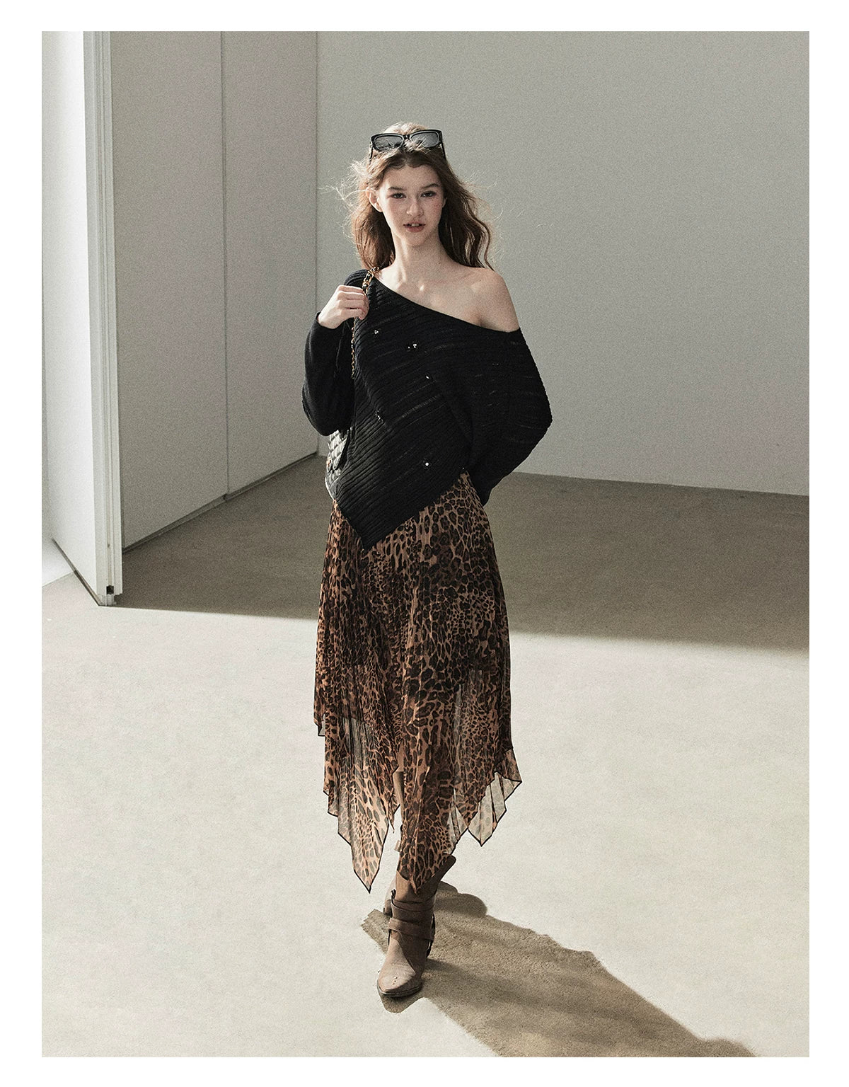 AOMALM - “Cocoa Leopard” Pleated Asymmetric Midi Skirt
