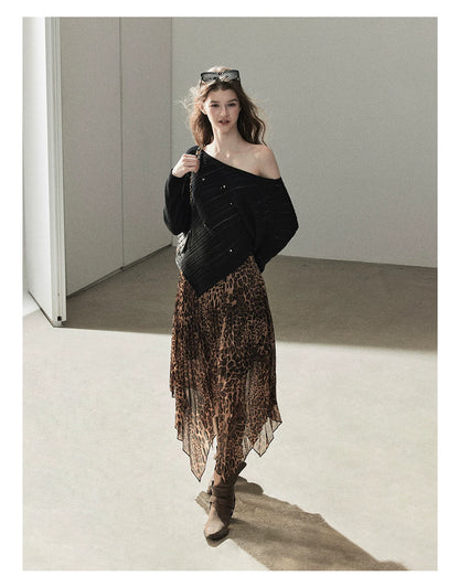 AOMALM - “Cocoa Leopard” Pleated Asymmetric Midi Skirt