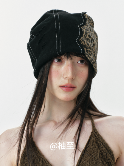 Leopard Patchwork Headscarf Beanie – Korean Style Slouchy Cap