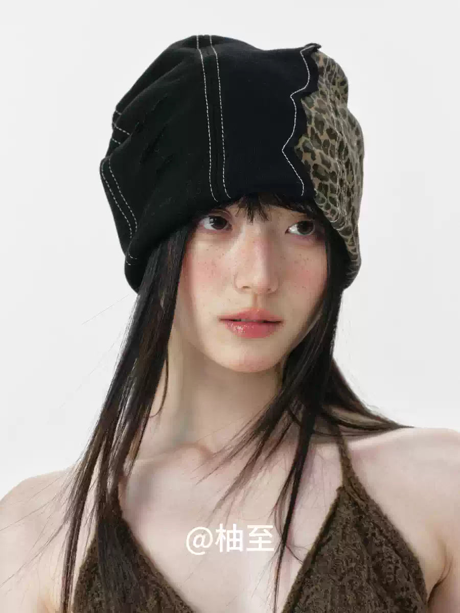 Leopard Patchwork Headscarf Beanie – Korean Style Slouchy Cap