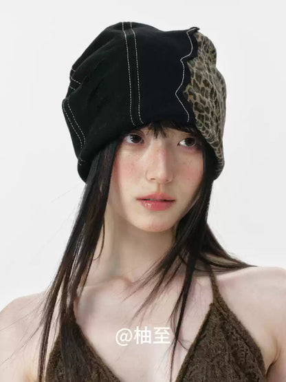 Leopard Patchwork Headscarf Beanie – Korean Style Slouchy Cap