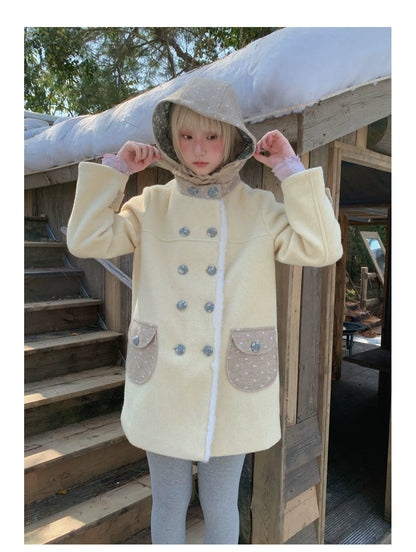 RF - Cream Yellow Hooded Wool-Blend Coat with Polka Dot Pockets
