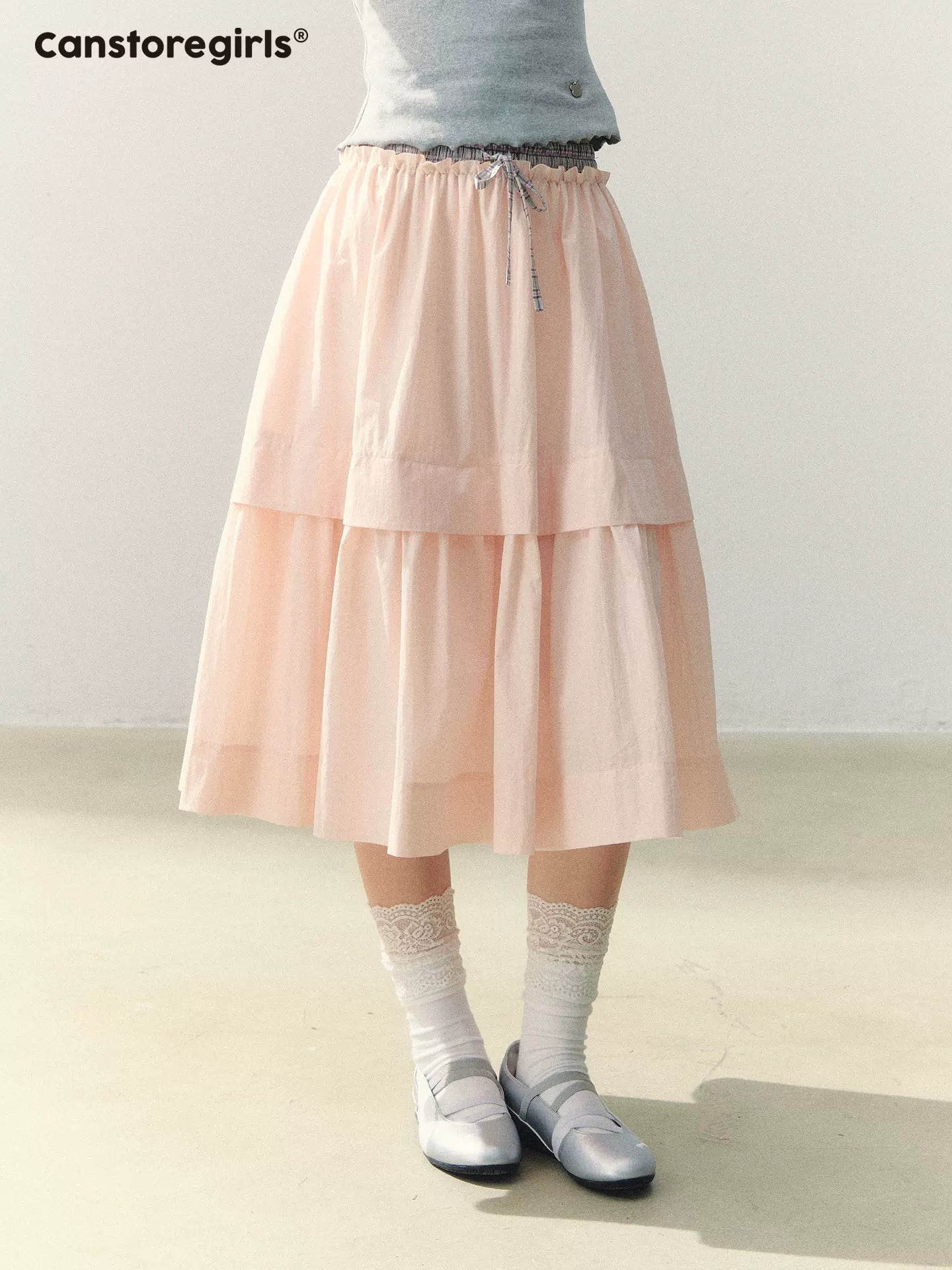 "Milky Peach Plaid Roll" Pleated Hem A-line Midi Skirt WW2026055
