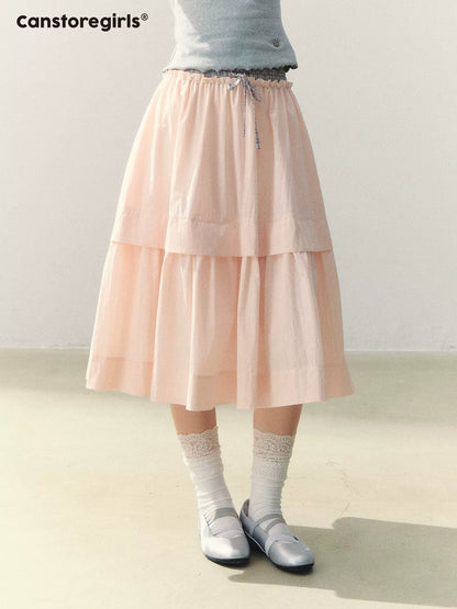 "Milky Peach Plaid Roll" Pleated Hem A-line Midi Skirt WW2026055