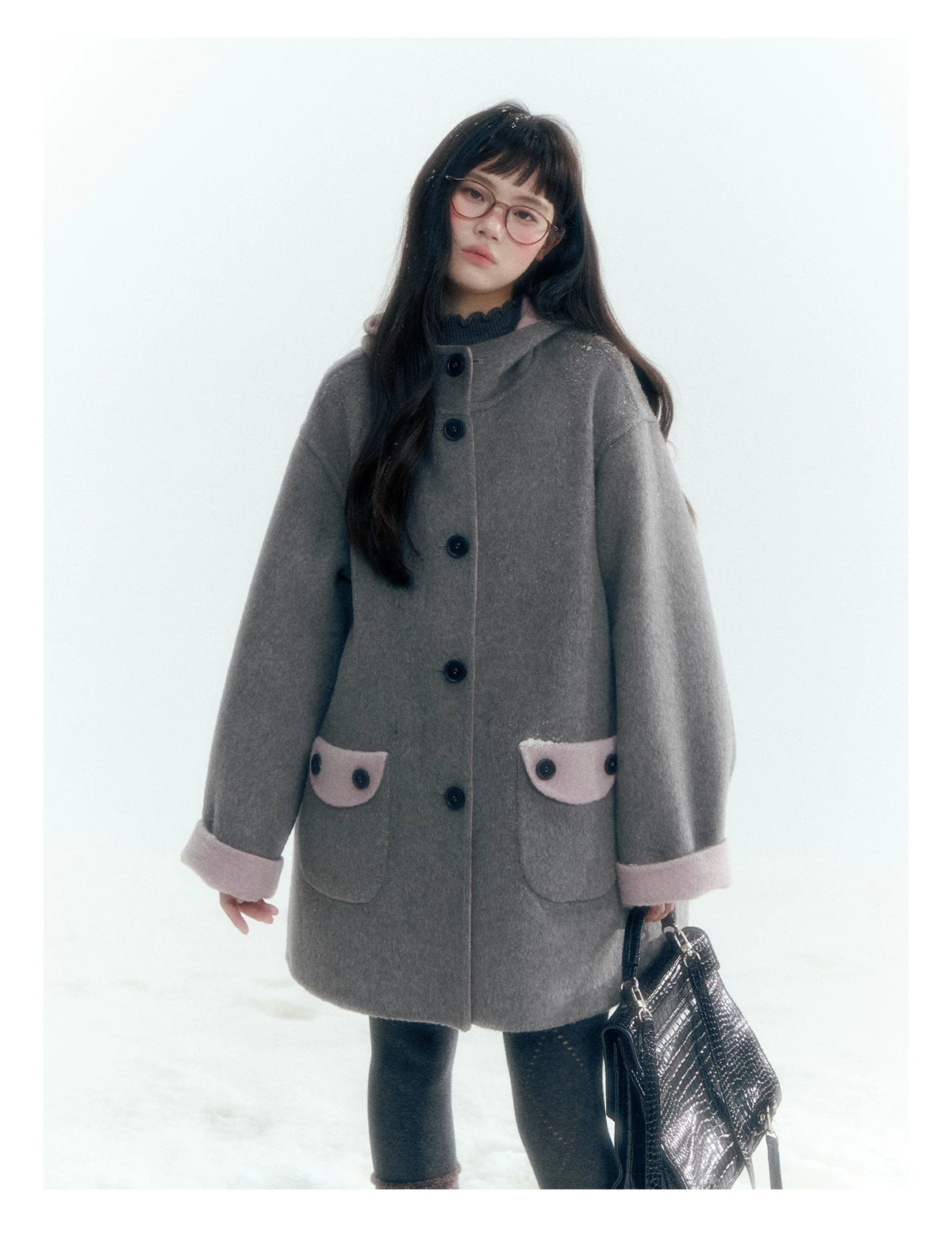 Horridale - Purple and Gray Reversible Hooded Wool Coat