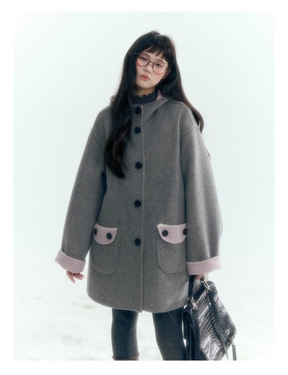 Horridale - Purple and Gray Reversible Hooded Wool Coat